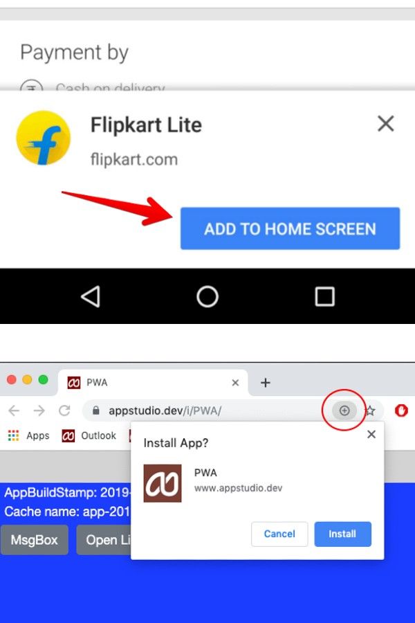 Ejemplo de instalación de las PWA en móvil y en escritorio - imagen versión móvil