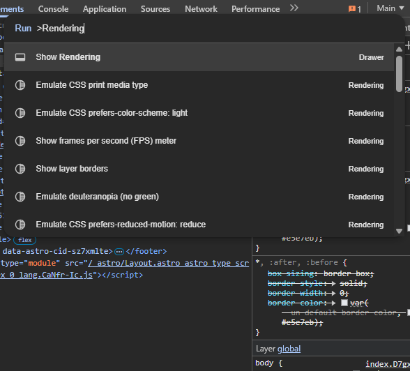 Buscando la opción Rendering en las DevTools - Mobile