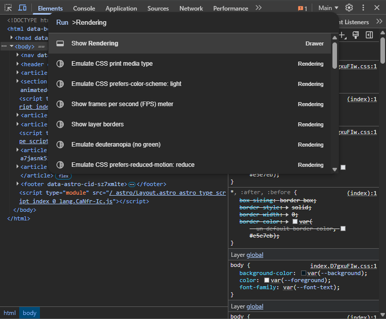Buscando la opción Rendering en las DevTools - Desktop